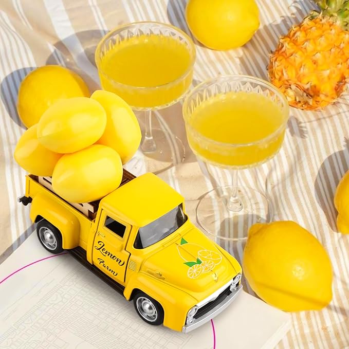 Lemon Truck Decor Vintage Metal Truck Tiered Tray Decor Lemon Party Decorations Summer Farmhouse Yellow Car with Mini Fake Lemons for Home Kitchen Tabletop Centerpiece Supplies