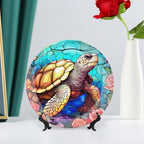 Decorative Plates for Wall Hanging, Sea Turtle Stained Glass Print Ceramic Plate w/Display Stand, Home Decor for Kitchen Cabinets, Farmhouse Round Tray 8 Inch, Gift for Turtle Lovers