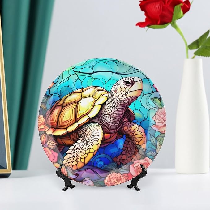 Decorative Plates for Wall Hanging, Sea Turtle Stained Glass Print Ceramic Plate w/Display Stand, Home Decor for Kitchen Cabinets, Farmhouse Round Tray 8 Inch, Gift for Turtle Lovers
