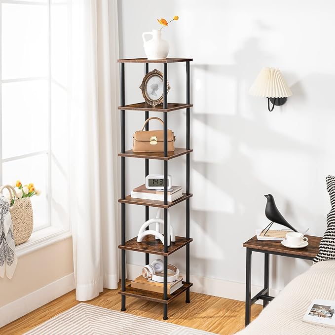 HOOBRO 6-Tier Corner Shelf, Corner Square Rack Display Shelf, Tall Storage Rack Plant Stand, Bookcase for Small Spaces, Living Room, Home Office, Kitchen, Rustic Brown and Black BF55CJ01