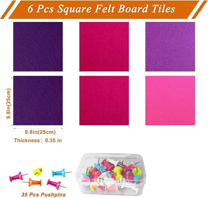 Square Felt Cork Bulletin Board Tiles, Self Adhesive DIY Felt Pin Board for Wall 30" x 20" with 35 Pushpins for Office School Home Wall Decor Stickers Memos Photos Display (Gradual Purple)