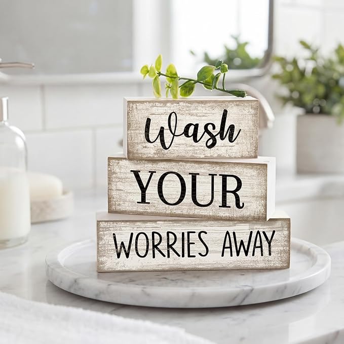 Moucuny 4 Pcs Farmhouse Laundry Room Decor Stacked Blocks Wash Your Worries Away Sign Funny Bathroom Shelf Decor and Accessories Rustic Eucalyptus Leaves Block Signs for Home Bathroom Toilet Washroom