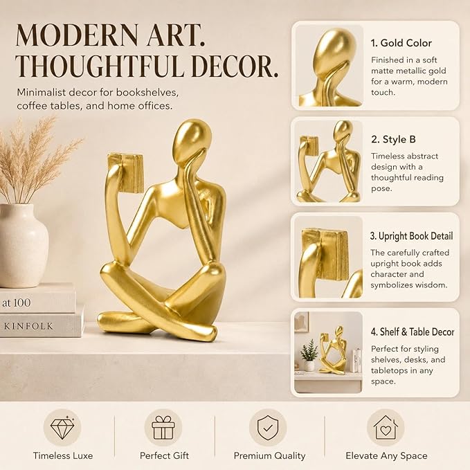 Gold Accent Bookshelf Decor Thinker Statue, Abstract Reading Figurine Style B, Resin Decorative Bookend for Coffee Table, Shelf, Office, Library