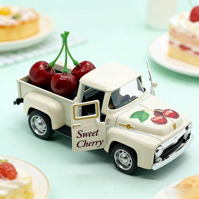 Cherry Truck Decor, Vintage Cream Pickup Truck with Cherry Arrangement, Rustic Farmhouse Summer Tiered Tray Decor, Kitchen Table Centerpiece, Home Office Shelf Decorations