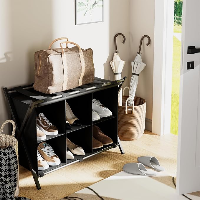 Luggage Rack for Guest Room, Folding Suitcase Stand with 6-Cube Fabric Storage Shelf, Luggage Holder, Steel Foldable Luggage Stand for Guest Room, Bedroom, Hotel, Black