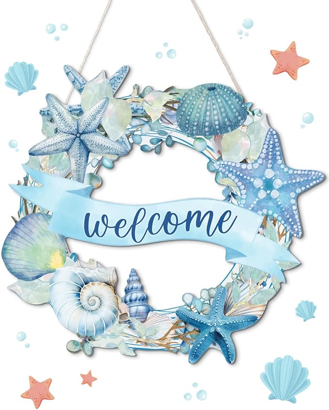 Putuo Decor Beach Wreaths - Ocean Welcome Sign, Wood Material, Summer Beach Decor for Front Door, Sea Turtle Design