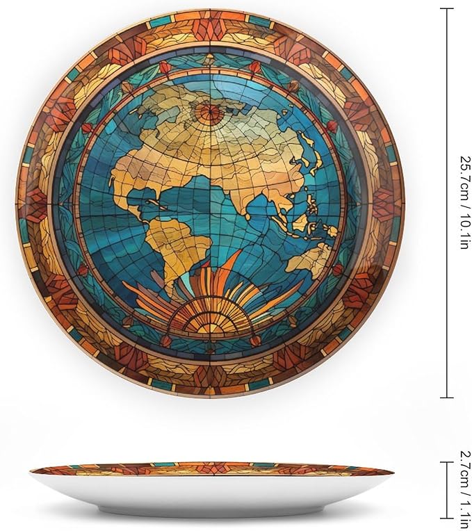 Decorative Plate for Home, Vintage Map of The World Stained Glass Print Tray for Table Display, Ceramic Dinner Plate Living Room Decor, Gifts for Adventure Lover Wanderlust, 10 Inch