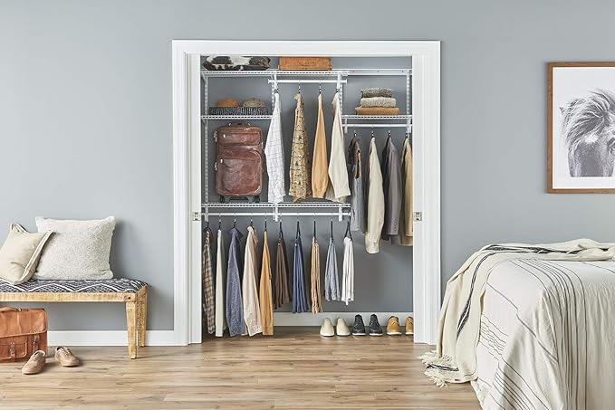 ClosetMaid ShelfTrack Wire Closet Organizer System, Adjustable from 4 to 6 Ft., With Shelves, Clothes Rods, Hardware, Durable Steel, White