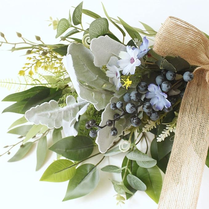 Floral Swag, Artificial Front Door Wreath Eucalyptus Leaves Garland, Artificial Mixed Eucalyptus Leaves Swag, Greenery Swag with Daisy Flower for Home Wall Wedding Party Decoration(#1)
