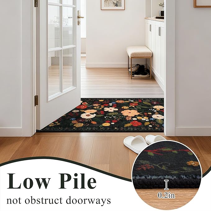 U'Artlines Indoor Door Mat Entrance Rug 2'x3'Soft Non Slip Machine Washable Floral Small Area Rug Carpet for Entryway Kitchen Bathroom Bedroom Black Green