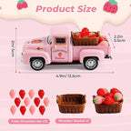 Strawberry Truck Decor, Pink Pickup Truck with Fake Strawberries, Rustic Farmhouse Tiered Tray Decor, Spring Country Kitchen Decorations for Home Office
