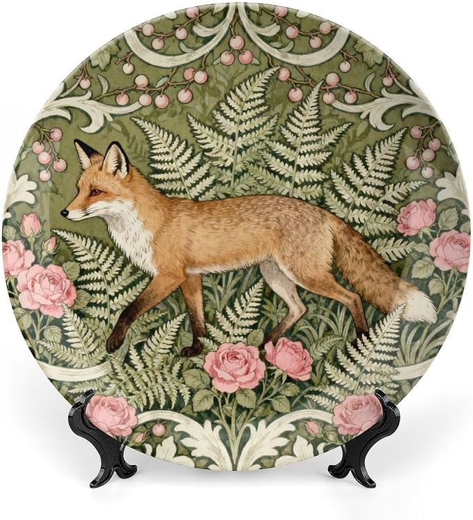 William Morris Style Art Wildflowers And Fox Decorative Plate Decor for Farmhouse Home Wall Personalized Thanksgiving Idea Gifts Chinese Plates with 1 Display Stand, Multi Sizes by Choosing