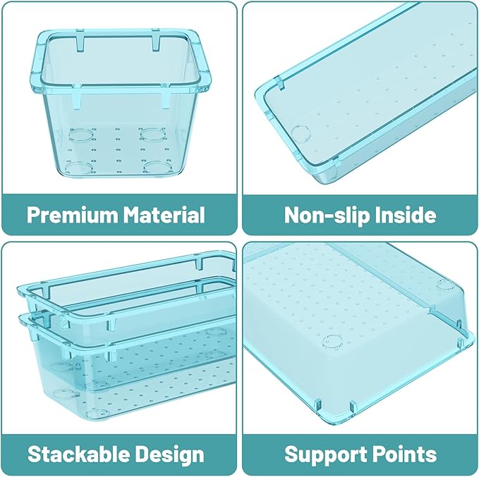WOWBOX 16 PCS Plastic Drawer Organizer Set, 4 Sizes Desk Drawer Organization and Storage Containers for Makeup, Cosmetics, Jewelry and Gadgets in Kitchen, Bathroom, Bedroom, Office, Clear Sea Blue