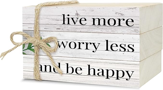 Live More Worry Less Decorative Wood Book Stack for Table, Farmhouse Stacked Books (L11)