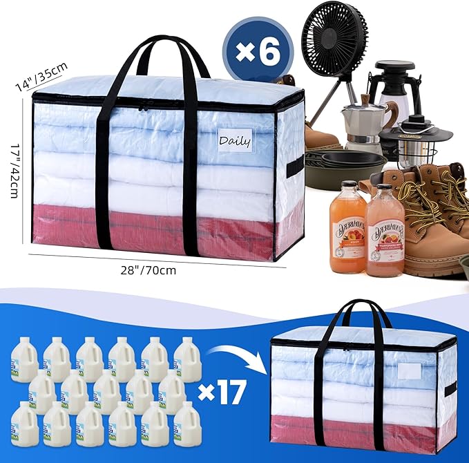 TAILI Extra Large Moving Bags, 6 Pack Clear Heavy Duty Totes For Storage with Visible Window, Wrap Around Handles, Storage Bags for Space Saving, Alternative to Moving Boxes