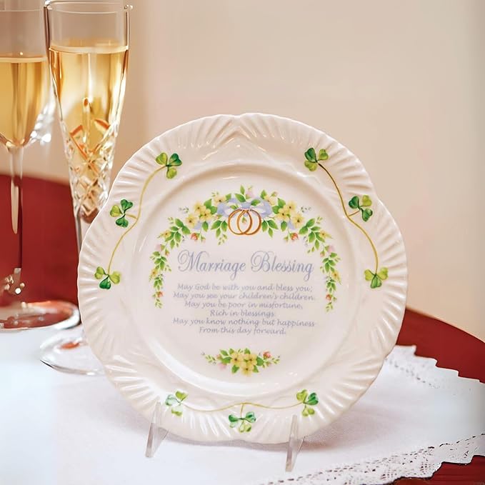 Belleek Classic Marriage Blessing 8.8-Inch Decorative Plate, Handcrafted Parian China Shamrock Irish Decor, White