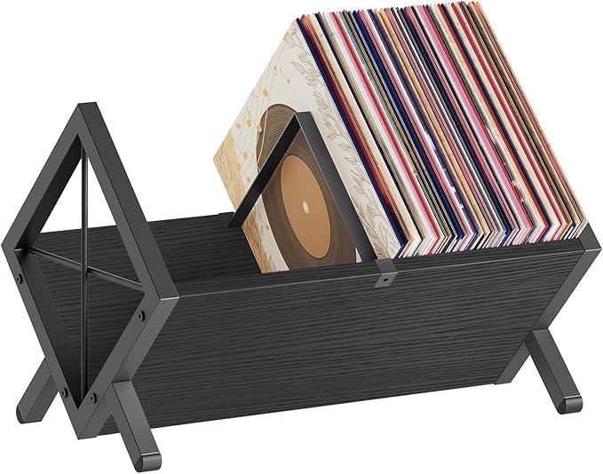 YATINEY Vinyl Record Holder, Record Storage Rack Holds 80-100 LP，Wooden and Metal Record Organizer, Quick Assembly Magazine Holder Vinyl Record Display Stand for CDs, Magazine, Albums, Black CJ06BB