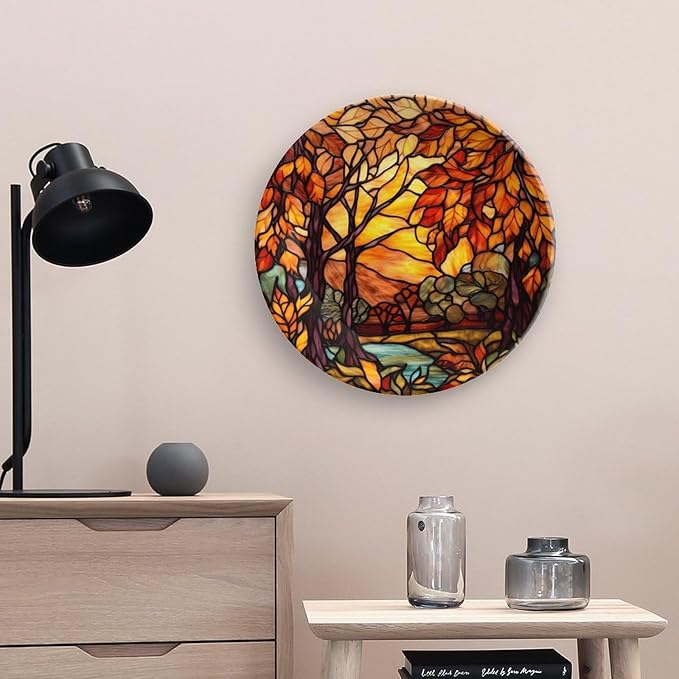 Thanksgiving Decorative Plates for Home Decor, Stained Glass Design Fall Tree Landscape Decor Tray for Table Display, Ceramic Dinner Plate W/ Stand, Decor for Kitchen, Housewarming Gifts, 10 Inch