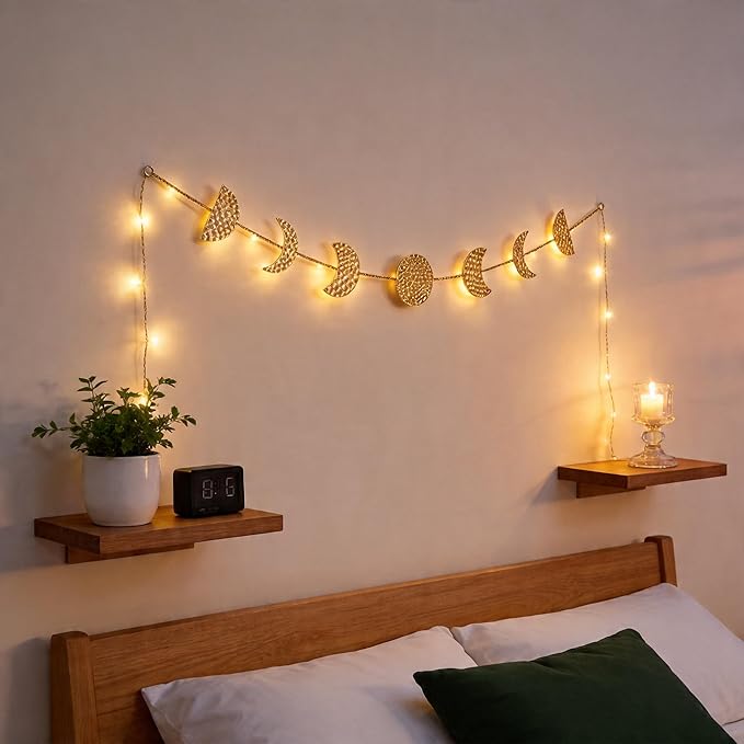 opulinea 32 Inch Hammered Gold Moon Phase Metal Wall Decor with LED String Lights, Celestial Hanging Wall Sculpture, Boho Lunar Wall Art for Bedroom, Living Room, Bathroom, Apartment