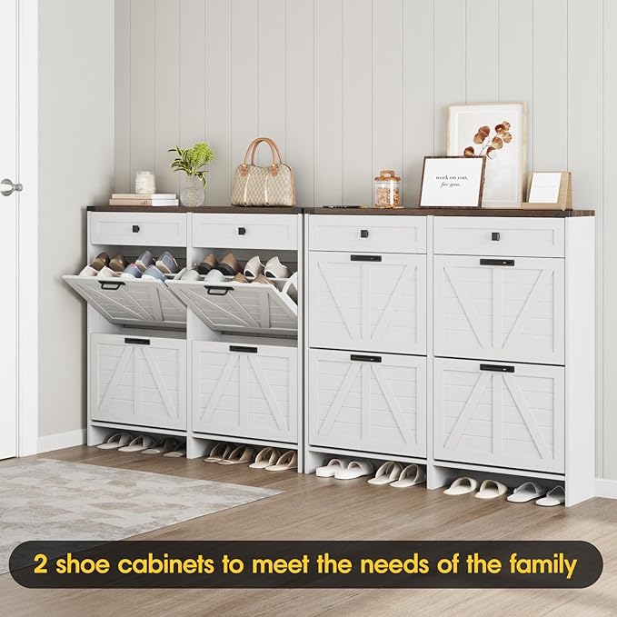 Shoe Cabinet with 4 Flip Drawers & 2 Drawers,Farmhouse Shoe Storage Cabinet for Entryway,Slim Freestanding Organizer Rack for Front Door Entrance,White