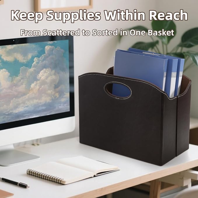 WRINGKIT Leather Magazine File Holder, Foldable Magazine Basket with Handles, Stable Brown Magazines Rack Floor, Document File Folder Organizer Box, Books Newspaper Storage Bin for Office Home School