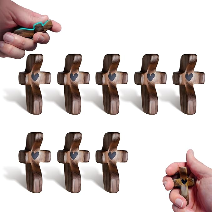 Cross My Heart,Wooden Cross Fidget,Encouragement Gift Stress Relief,Prayer Cross for Hand,Pocket Cross Christian Gifts for Women and Adults(Black 8Pcs
