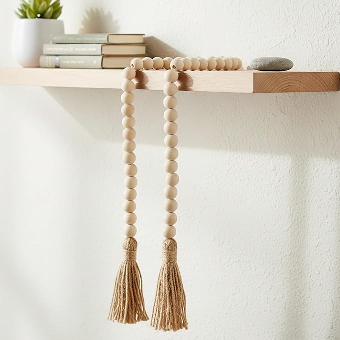 Wood Beads Garland with Tassels 33.86" Table Beads Natural Wooden Prayer Bead Rustic Country Boho Wall Hanging Decor for Boho Farmhouse Rustic Style Table Home Festival Decor