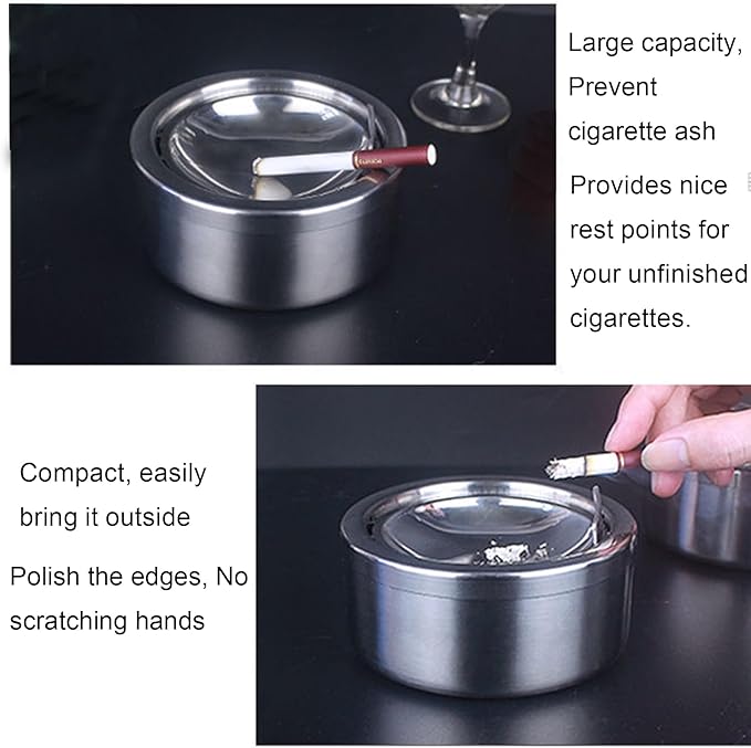 hanlongyu Outdoor Ashtray with Lid, Flip Top Stainless Steel Ash Tray, Metal Windproof Cigarette Ashtrays for Indoor or Outdoor Use, Desktop Ashtray Office Patio Home Decor
