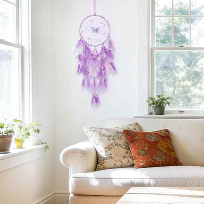 Pretty Jolly Dreamy Girls Butterfly Dream Catcher Wall Decor Fairy Purple Feather Baby Dreamcatcher Handmade Home Décor Wall Hanging for Nursery Bedroom Girls Birthday Gift