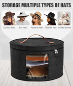 Hat Box, Travel Hat Storage Box, Foldable Space-saving Hats Boxes Organizer for Men & Women Storage, Stackable Hats Carrier Case for Round Brim, Cowboy, Panama, Tweed Caps - Black