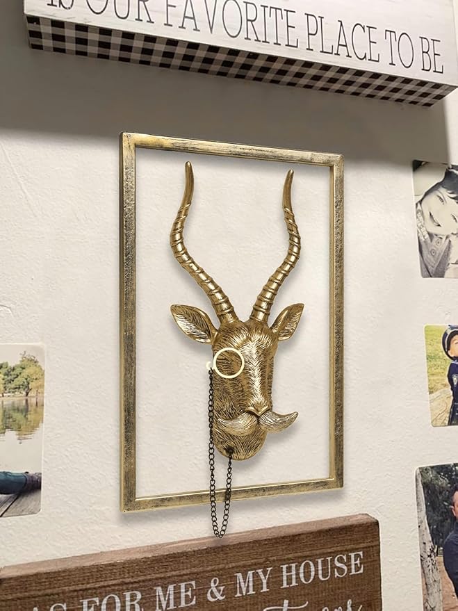 Newinhome Animal Heads Wall Decor (Includes Metal Frame) Resin Animals Sculptures Head Wall Hanging Decoration Gold vintage Wall Sculpture for Living Room Bedroom Office(Antelope)