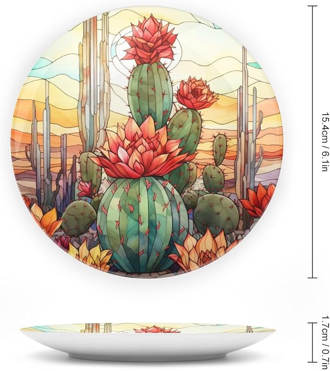Cactus & Colorful Sky Stained Glass Design Decorative Plates Home Decor Ceramic Plates, Dinner Plates Display for Living Room, Kitchen, Hallway Console Side Table, Presents for Cactus Lover, 6 Inch
