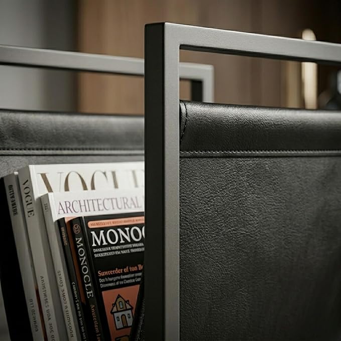 Modern Magazine Rack for Living Room and Office | Freestanding Metal and Leather Magazine Holder | Contemporary Storage Organizer for Books, Newspapers | Minimalist Home and Lounge Decor (Black)