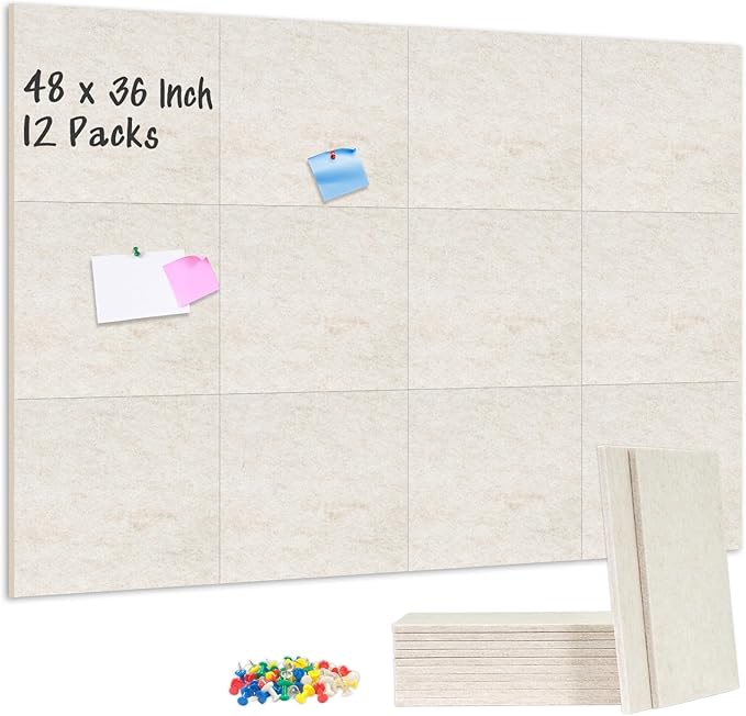 DOLLAR BOSS Large Cork Board for Wall 48" x 36" x 0.5" Bulletin Board 12 Packs Cork Board Tiles Self Adhesive Felt Wall Tiles with Pushpins, Corkboard for Office Pin Board Tack Board, Beige