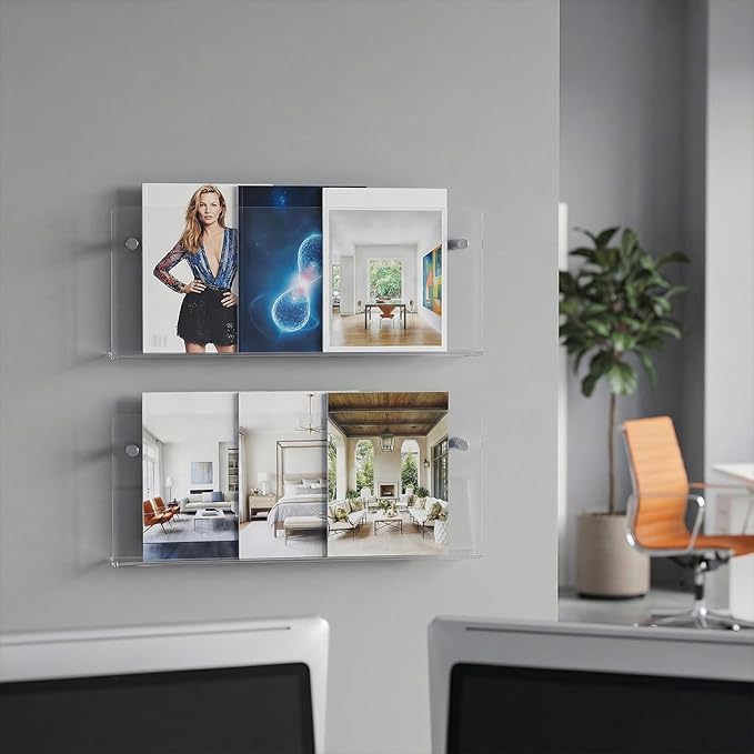 2 Packs Acrylic Magazine Holder Wall Mount Acrylic Display Vinyl Records Holder, Clear Bookshelves Wall Decor Hanging Magazine Holders for Waiting Room, Living Room