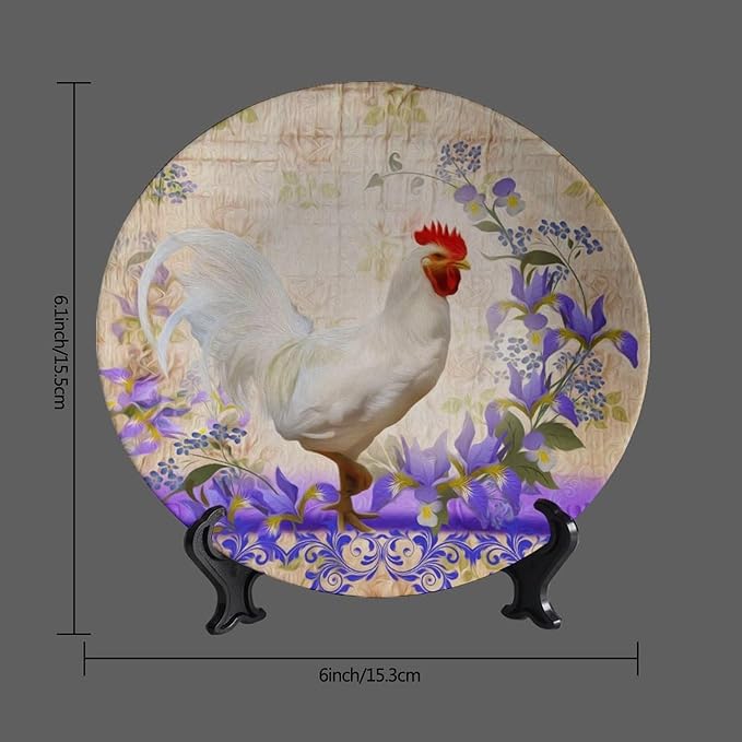 Rooster Decorative Plate Stand, 6 Inch, Purple Wreath Around The Rooster Round Display Plate, Table Top Plate Decor with Stand, Ceramic Craft for Wall Hanging Decorative