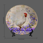Rooster Decorative Plate Stand, 6 Inch, Purple Wreath Around The Rooster Round Display Plate, Table Top Plate Decor with Stand, Ceramic Craft for Wall Hanging Decorative