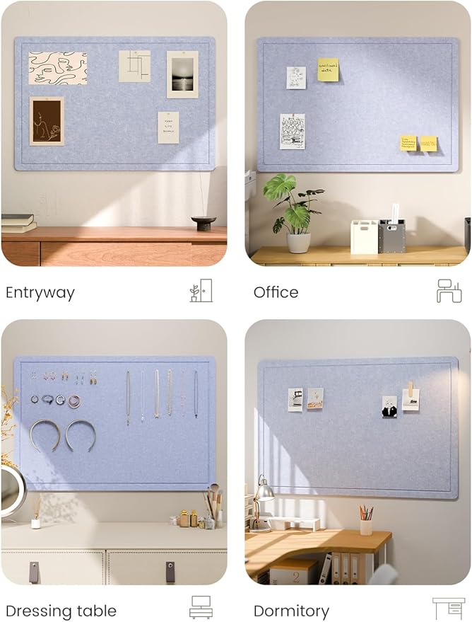 Fluxynara Bulletin Board,35.4" x 23.6" Cork Board Alternative with 12 Safe Removable Adhesive Tabs, Foldable Felt Pin Board for Home Office, Classroom, Bedroom,Entryway for Walls—Soft Periwinkle