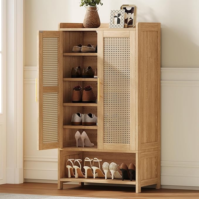 Narrow Shoe Cabinet with 2 Doors, 6-Tier Rattan Tall Shoe Storage Cabinet with 2 Adjustable Shelves & Wooden Legs, 46.3"H Slim Shoes Rack Organizer Cabinet for Entryway, Hallway, Natural Oak