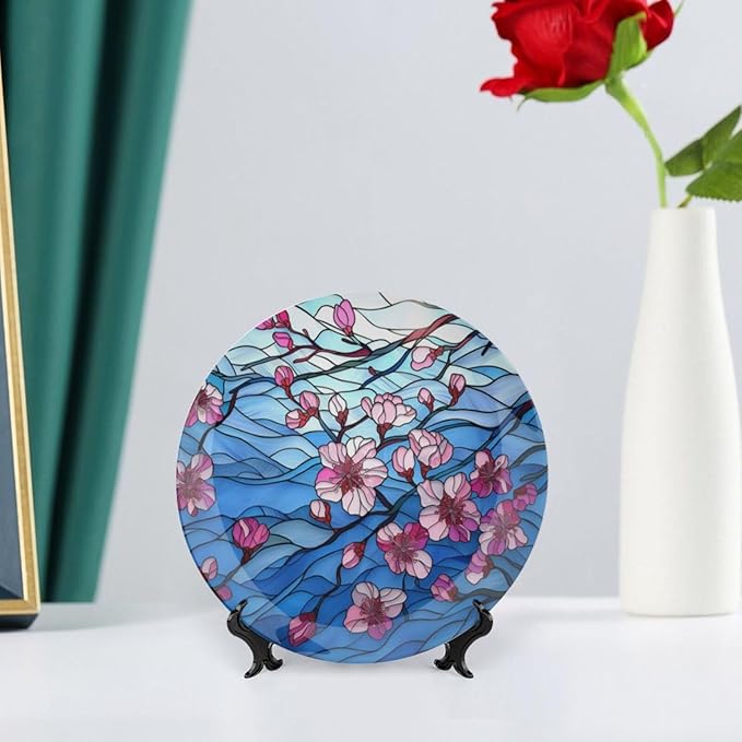 Stained Glass Theme Decorative Ceramic Plate Round Porcelain Plate,10 inch,Cherry Tree Pattern,for Decorative Ornaments Giving Plates, 1 Plate with 1 Display Stand,Blue Pink