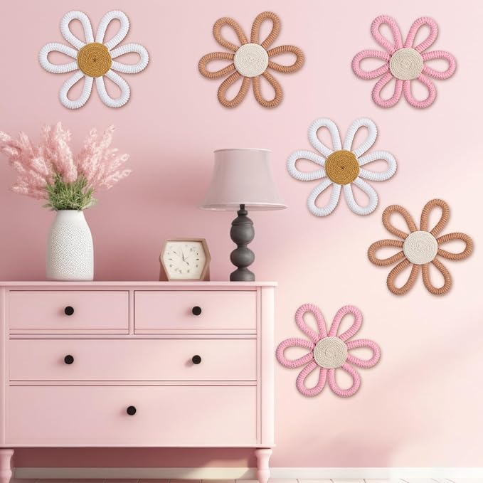 Zeyune 6 Pcs Boho Nursery Daisy Flower Wall Art Decor Woven Macrame Wall Pediments Boho Daisy Floral Nursery Art Decor for Home Bedroom Decorations(Classic Color,Yarn and Cotton Rope)