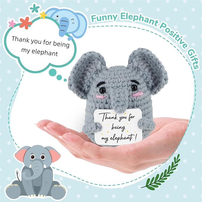 WenmthG Funny Positive Crochet Elephant - Emotional Support Animals Gifts, Funny Handmade Crochet Doll, Inspirational Gifts for Women Men Friends Coworkers