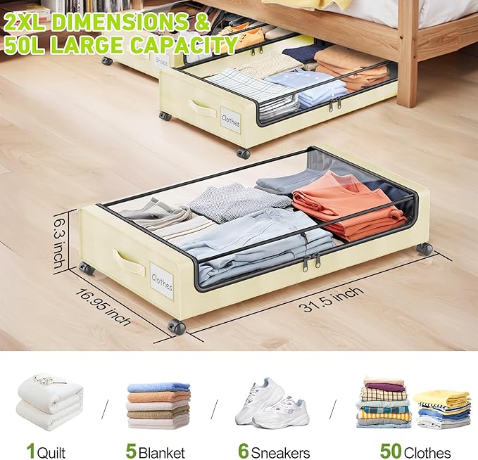 Under Bed Storage with Wheels, 4-Pack UnderBed Storage Containers with Clear Lids, Under Bed Shoe Storage Organizer, Rolling Under Bed Storage for Clothes Shoes Blankets (Beige)