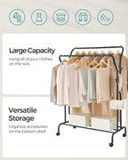 SONGMICS Clothes Rack, Double-Rod Clothing Rack for Hanging Clothes with Wheels, Garment Rack, Metal Frame, 220 lb Max. Total Load, 40.7 Inches Wide, Clothes Storage and Display, Black UHSR107B01