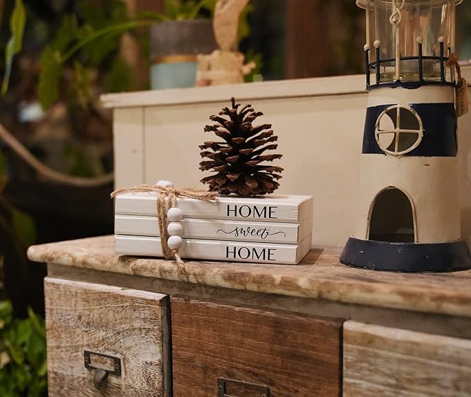 3 Pieces Wooden Decorative White Books, Rustic Farmhouse Faux Books for Coffee Table Shelves with Wood Bead Tassels and Leaves, 7'x 4.6'x 2.5' (Home, Sweet, Home)