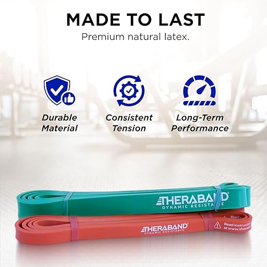 THERABAND High Resistance Bands, Set of 2 Elastic Super Bands for Improving Flexibility, Injury Rehab, & Full Body Workouts, Heavy Duty Stretch Bands for Lifting, 1 Light & 1 Medium Band