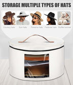 Hat Box, Travel Hat Storage Box, Foldable Space-saving Hats Boxes Organizer for Men & Women Storage, Stackable Hats Carrier Case for Round Brim, Cowboy, Panama, Tweed Caps - White