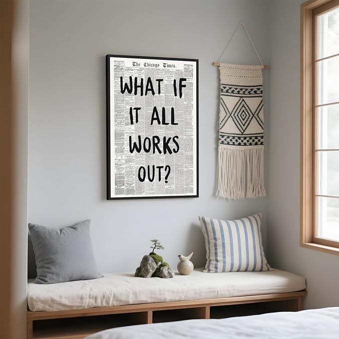 Framed What If It All Works Out Wall Art Black and White Retro Newspaper Poster Positive Motivational Canvas Print Painting Inspirational Quote Picture Decor for Office Home Bedroom Dorm 24x36inch