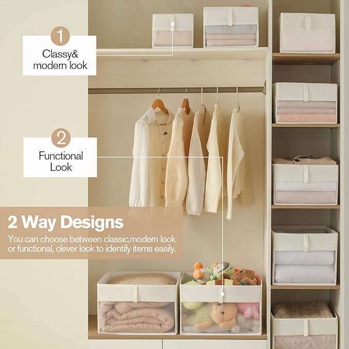 Lifespace Storage Wardrobe Organizer, Large 6-Compartment Foldable Drawer System with Handles, Beige Fabric Storage Box for Clothes, Blankets, Toys, 2-Pack (2, Cream, 17.5”X12“X9“)