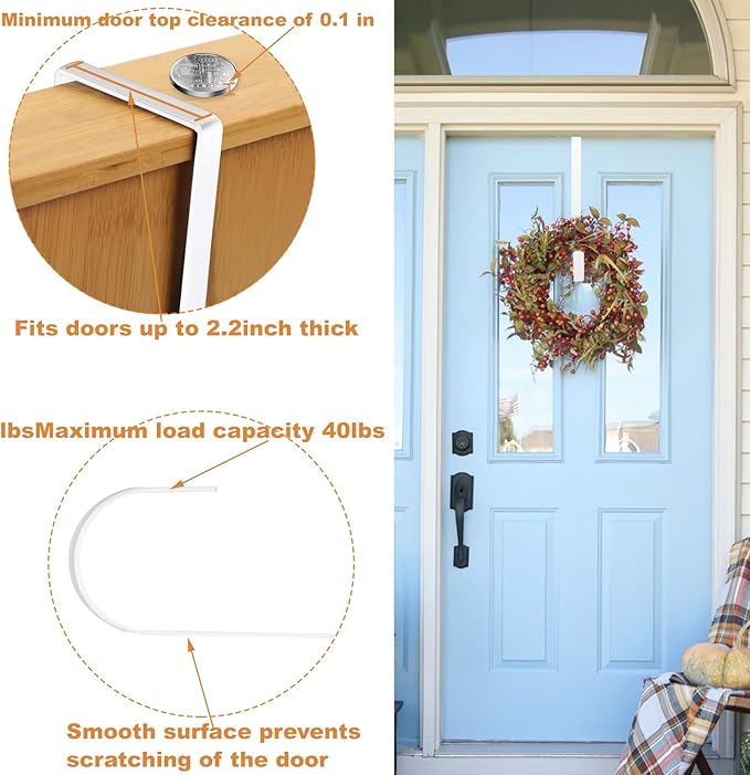 PECULA 4 Pack 14” Wreath Hangers for Front Door, Wreath Door Hanger 40lb Load-Bearing, Metal Wreath Hanger for Welcome Sign, Door Wreath Hanger for Halloween, Easter, Christmas Decorations (White)